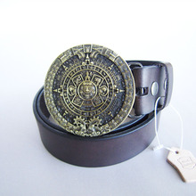 Bronze Plated Original Aztec Calendar Round Belt Buckle W Dark Coffee Genuine Leather Belt Gurtel Boucle de ceinture Free Ship 2024 - buy cheap