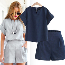 Casual Cotton Linen Two Piece Sets Women Summer V-Neck Short Sleeve Tops+Shorts Female Office Suits Set Women's Costumes 2024 - buy cheap