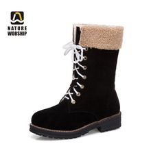 Botas de media pantorrilla para mujer, zapatos aterciopelados de nobuk, con plantilla de felpa lisa que mantiene el calor, tacones medios de punta redonda, cordones cruzados, para invierno 2024 - compra barato