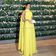 Chiffon Ruched High Neck Evening Dresses Dubai Arabic Cape Long Sleeves Yellow Formal Prom Dress 2019 Vestido De Festa Kaftans 2024 - buy cheap