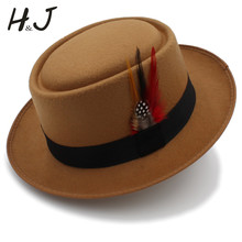 Vintage Women Men Pork Pie Hat Dad Wool Flat Fedora Hat For Gentleman Gambler Panama Trilby Hat With Fashion Feather Size 58CM 2024 - buy cheap