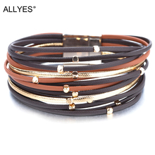 ALLYES Metal Beads Genuine Leather Bracelets For Women 2022 Fashion Slim Strips Boho Multilayer Wide Wrap Bracelet Femme Jewelry 2024 - buy cheap