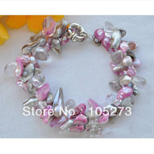 Wholesale Pearl Jewelry 8'' Natural Baroque Tail Gray Pink Color Freshwater Pearl Crystal Beads Bracelet 10-16MM New Free Ship 2024 - buy cheap