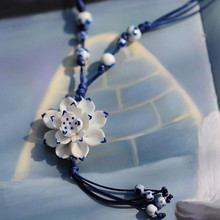 Beautiful Elegant Blue or Pink Porcelain Lotus Charming Long Ceramics Beads Tassel Necklace Classical Chinese Jewelry--FREE SIZE 2024 - buy cheap