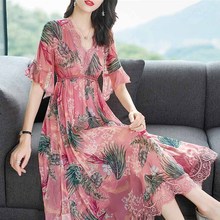 M-3XL 2019 Summer Women Long Print Dress Imitated Silk Boho V Neck Floral Print Loose Dress Female Casual Silk Long Maxi Dresses 2024 - buy cheap