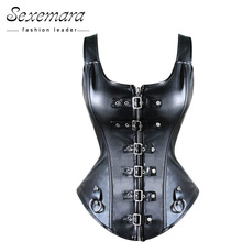 Leather harness court shaper overbust corselet black women sexy lingerie erotic top corsets bodice corsage Bustier dress 2024 - buy cheap