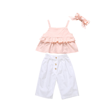 3 piezas niños pequeños bebé niña volantes Sling Tops + botón Flare pantalones Leggings traje de sol 2024 - compra barato
