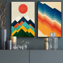 Pintura abstracta en lienzo para decoración del hogar, carteles geométricos coloridos e impresiones, imagen artística de pared de montaña y Sol Rojo para sala de estar 2024 - compra barato