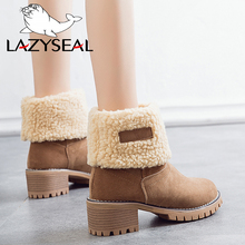 LazySeal Snow Boots Women Shoes Winter Ankler Boots Square Heel Shoes Wood Grain Heel Woman Boots Ladies Shoes Plus Large Size 2024 - buy cheap