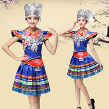 Novidade roupa de dança feminina azul roupa chinesa miao vestido tradicional de apresentação palcos para cantores 2024 - compre barato