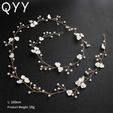 QYY Flower Pearls Handmade Vine Wedding Headbands Hair Jewelry Bridal Hair Accessories Bridesmaids Headpieces Tiaras for Women 2024 - buy cheap