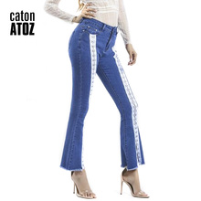 catonATOZ 2193 Women`s Fashion Mid High Waist Jeans Rivet Stitching Ribbon Stretchy Flare Jeans For Woman 2024 - buy cheap