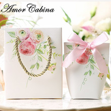 30pcs Wedding party creative pink floral printing candy box packaging bag with handle packaging jewelry Christmas gift bag 2024 - buy cheap