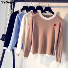 Spring Autumn Knitted Women Sweater chic Casual long sleeve Pullover Jumper O-Neck Outwear Embroidery Heart Shape Female Sweater 2024 - compre barato