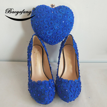 Baoyafang cristal royal flor azul coração saco e sapatos mulher sapatos de casamento sapatos plataforma noiva com correspondência sacos bombas femininas 2024 - compre barato