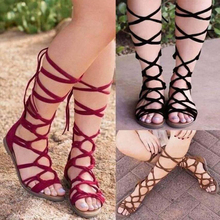 Bandage Women Lady Heeled Sandals Boots Flat Summer Shoes Woman Large Size Knee High Gladiator Sandals 2018 New Plus Size 2024 - buy cheap