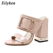 Eilyken-chinelos femininos de verão, fivela de cristal, salto quadrado, sandálias femininas, tamanho 34-40, damasco, preto 2024 - compre barato