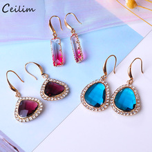 Luxury Geometric Blue White Pink Crystal Earrings for Women 2022 New Gold Color Long Drop Earring Statement Wedding Jewelry Gift 2024 - buy cheap