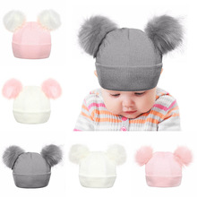 Winter Knitted Baby Hats 2019 Girls Boys Sweet Solid Hat With Two Fur Pompoms Balls Kids Caps For Baby Girls Warm Soft Hat Cap 2024 - buy cheap