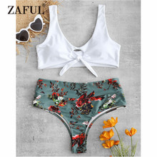 ZAFUL, conjunto de Bikini anudado con flores, traje de baño de cintura alta para mujer, traje de baño acolchado con cuello redondo y flores, traje de baño Biquni 2024 - compra barato