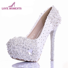 Laço branco flor strass sapatos de casamento luxo artesanal salto alto sapatos de noiva bombas de baile noite mais novo design tamanho 10 2024 - compre barato