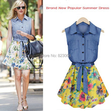 2015 Summer Casual Sleeveless Patchwork Ladies Denim Dress Womens Fashion Lapel Plus Size Floral print Dresses 2024 - buy cheap