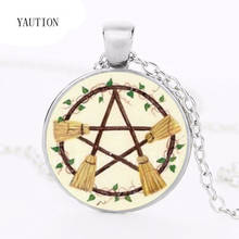 YAUTION Wicca Broom Pentagram Necklace Pentacle Pendant Wiccan Witch Jewelry Glass Cabochon Silver Statement Long Chain Necklace 2024 - buy cheap