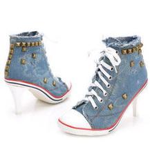 Pumps Women Shoe 2019 Sexy Personality Winter Shoes Lace-up High-top Lace Thin Heels High-heeled Cowboy Canvas Rivets Plus-size 2024 - buy cheap