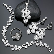 Conjuntos de joyería de plata 925 para mujer, Circonia cúbica blanca, pendientes de plumas de cristal, colgante, collar, anillo y brazalete 2024 - compra barato