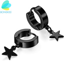Boniskiss-Pendientes de Aro negro para hombre y mujer, aretes redondos de acero inoxidable con dije de estrella, joyería 2024 - compra barato