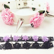 100% Handcrafted Harajuku Lolita Punk Leather Flower Long Spikes Choker Collar Necklace 2024 - buy cheap