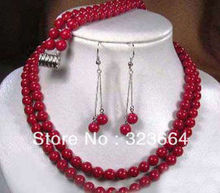 Горячая продажа! 2 ряда Тибет красный коралл ожерелье серьги браслет набор 2024 - купить недорого