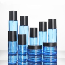 Botella de vidrio azul con tapa negra, contenedores cosméticos, botella de loción en aerosol, bomba de esencia, frasco vacío para el cuidado de la piel, 30g, 50g, 120ml, 60ml 2024 - compra barato
