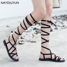 Casual Shoes Women Lace Up Cow Leather Knee High Sandals Flat Heel Flip Flops Gladiator Strappy Summer Party Long Thong Sandals 2024 - buy cheap