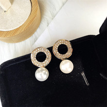 LUBOV Elegant Big Pearl Pendant Piercing Earrings Crystal Stone Inlaid Gold Color Metal Circle Stud Earrings Women Party Jewelry 2024 - buy cheap