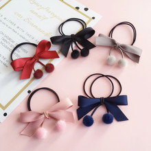 For Girls Flannelette Bow Elastic Hair Band Pompon Pendant Hair Tie Ponytail Holder Women Elastic Hair Rope Hair Accessories 2024 - купить недорого