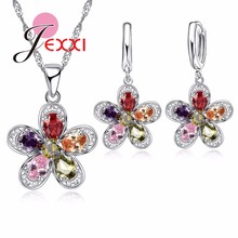 Fashion 925 Sterling Silver Colorful Hollow Flower Pendant Necklace Earrings Set Austrian Crystal Women Party Jewelry 2024 - buy cheap