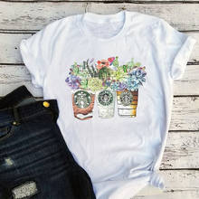 Винтажные футболки, футболки с графическим рисунком, уличная одежда, топы для девочек с чашками и кофе, футболка с суккулентами, цветочным КАКТУСОМ, искусственные Топы 2024 - купить недорого