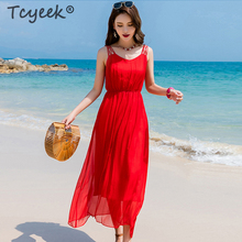 Tcyeek Summer Dress Boho White Real Silk Dresses Women Clothes 2020 Korean V Neck Sleeveless Maxi Dress Ladies Fit Vestidos 8033 2024 - compre barato