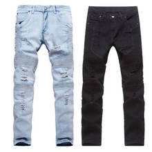 Новинка 2018, модные мужские эластичные рваные обтягивающие байкерские джинсы, обтягивающие джинсы с лентами, уличная одежда, джинсы 2024 - купить недорого
