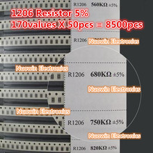1206 smd resistor amostra livro 5% tolerância 170valuesx50pcs = 8500 pces resistor kit 0r 10 10 m 0r-10m 2024 - compre barato