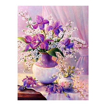 Jarrón de flores púrpuras con diamantes, pintura Floral redonda, taladro completo 5D, mosaico bordado artesanal, punto de cruz, regalos para decoración del hogar 2024 - compra barato