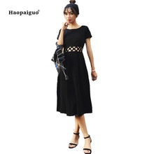 2018 Solid Plus Size A-line Dress Black Short Sleeve O-neck Mid-calf Hollow Out Casual Party Dress Office Lady Dresses Vestidos 2024 - buy cheap