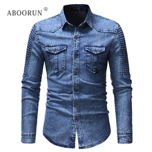 Рубашка ABOORUN Мужская джинсовая с длинным рукавом, модная плиссированная джинсовая сорочка в стиле ретро, хлопковая с передними карманами, x1608 2024 - купить недорого