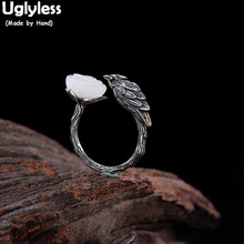 Uglyless 100% Real Solid 925 Sterling Silver Handmade Bird Open Rings for Women Natural Lotus Jade Finger Ring Thai Silver Jewel 2024 - buy cheap