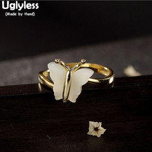Anéis de borboleta de prata esterlina 100% real uglless para as mulheres, jade natural, anel aberto, artesanal, jóias finas de insetos 2024 - compre barato