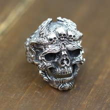 100%925 pure silver personality carving men's rings restoring ancient ways making old styles of Thai silver skull. 2024 - buy cheap