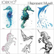 IORIKYO Blue Seahorse Temporary Tattoo Kid Cute Body Arm Tattoo Stickers Children Black Geometric Unicorn Waterproof Tatoo Ocean 2024 - buy cheap