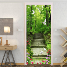 Pegatina para puerta de escaleras de bosque verde, calcomanías 3D de papel natural con paisaje para sala de estar, cocina, pegatinas impermeables para puerta del hogar, pegatinas de pared 3D 2024 - compra barato