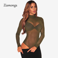 Novo transparente sexy bodysuit mulheres macacão bodycon manga longa malha bodysuit sheer através de trutleneck bodysuits 2024 - compre barato